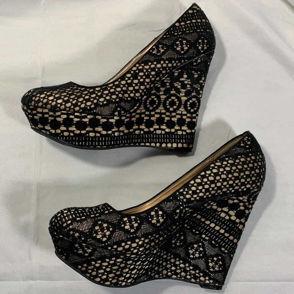 Charlotte Russe Black Lace Over Gold Satin Platform Wedge Heels